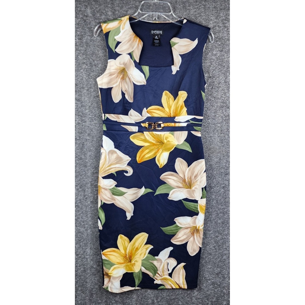 Enfocus Studio Sheath Dress Womens 6 Navy Blue Floral Square Neck Buckle Accent